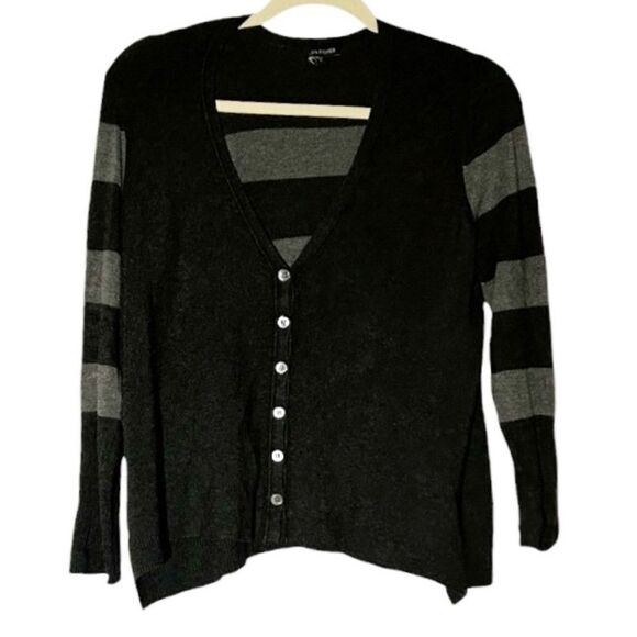 Eileen Fisher Gray Striped V-Neck Cardigan Sweater Size Small MSRP 278.00 - Picture 3 of 12
